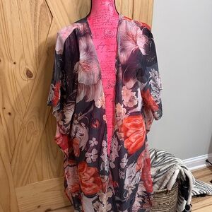 Floral Kimono with Red and Gray Hues